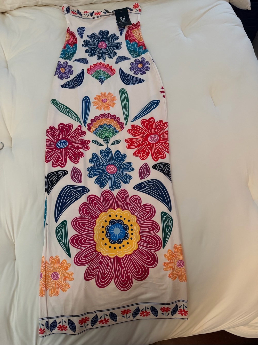 Strapless Floral Maxi Dress - White with Multicolor Blooms